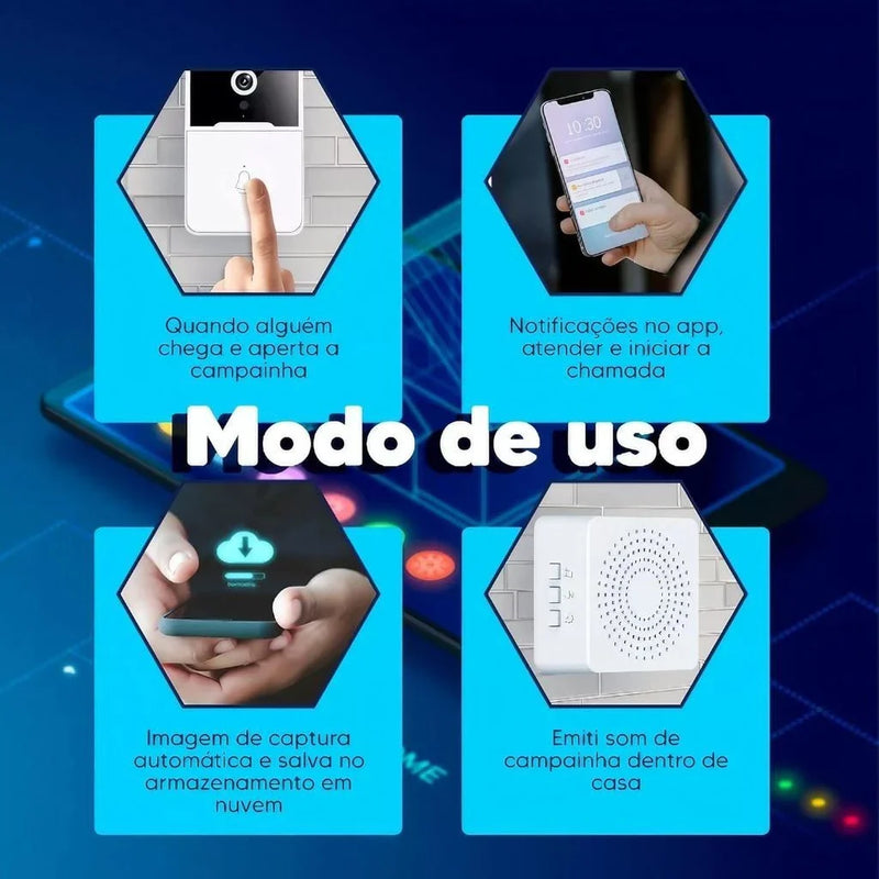 Campainha Com Câmera Vídeo Porteiro Sem Fio Wi-Fi HD Inteligente Smart Home Vê Pelo Celular Recarregável pronto entrega