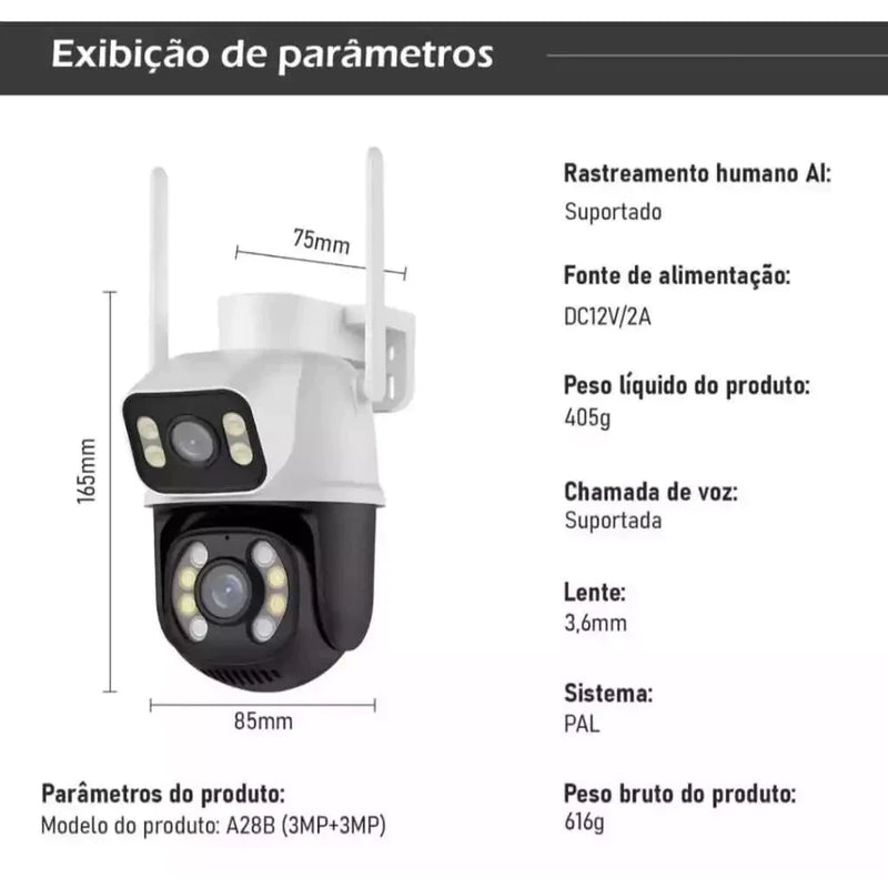 Camera Segurança Externa Lente Dupla Rastreamento Zoom A28b Wi-Fi Smart IP66 App ICSEE Envio Imediato