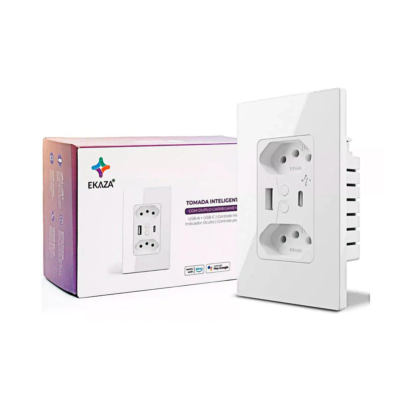 Tomada Inteligente de Parede Wifi Dupla 10A Entrada USB+USB-C Ekaza Alexa E Google