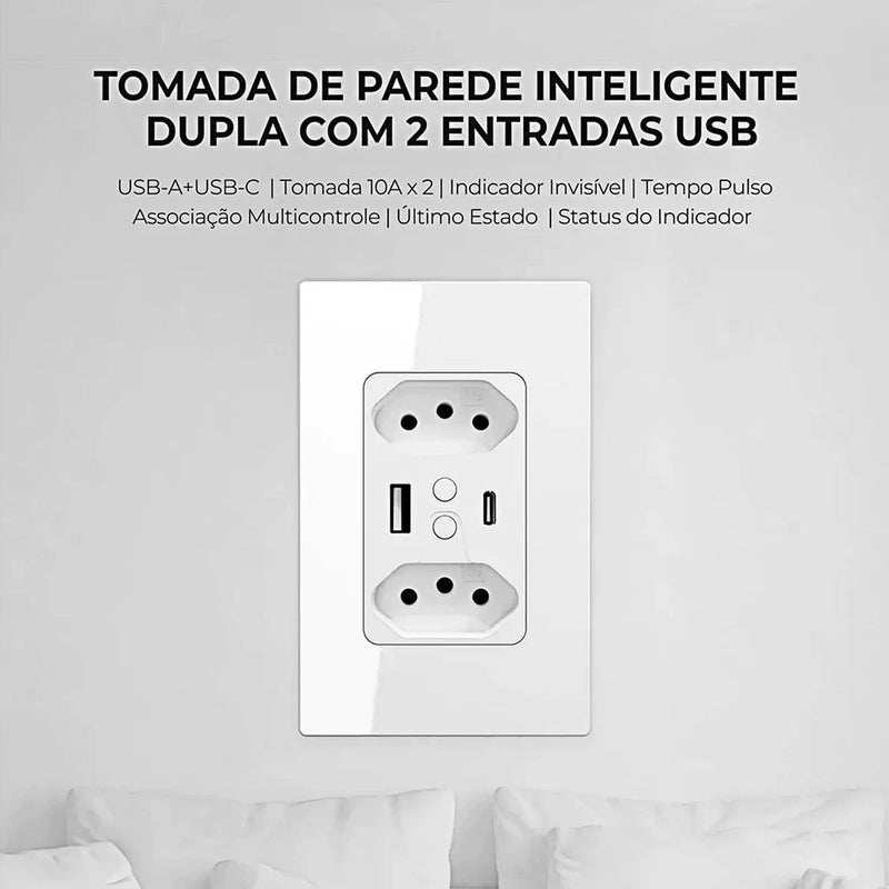 Tomada Inteligente de Parede Wifi Dupla 10A Entrada USB+USB-C Ekaza Alexa E Google