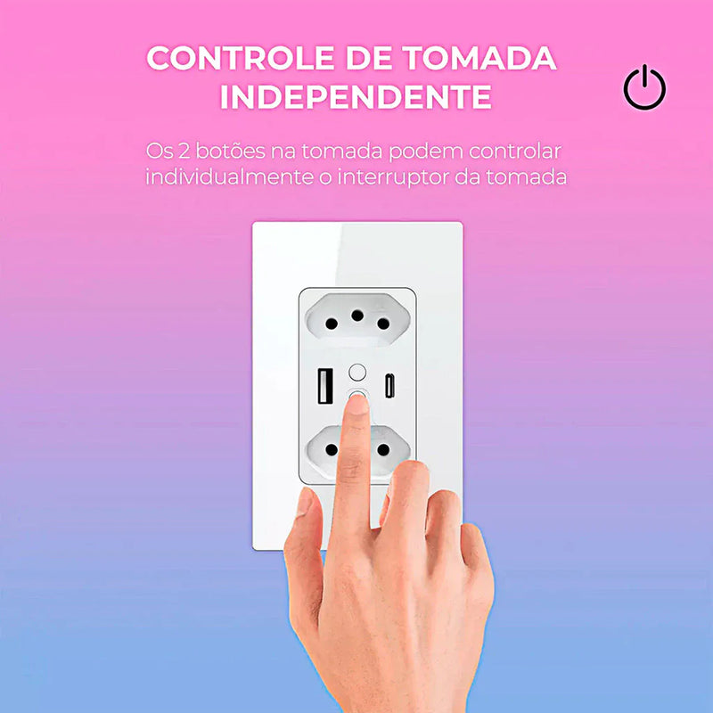 Tomada Inteligente de Parede Wifi Dupla 10A Entrada USB+USB-C Ekaza Alexa E Google